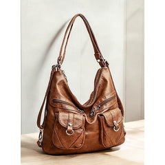 Brown Leather Bag Multiple Faux Pockets with Hobo