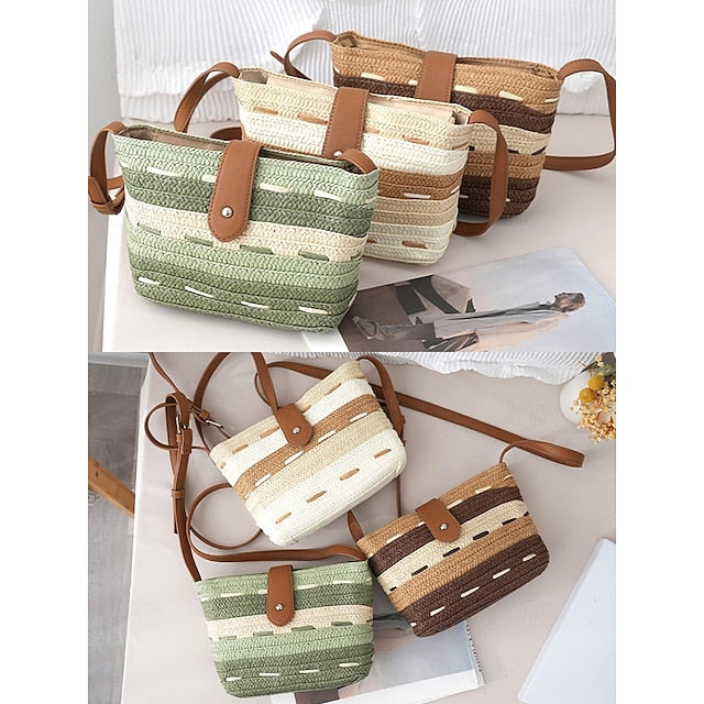 Woven with Colorblock Straw Striped Brown Tote Bag