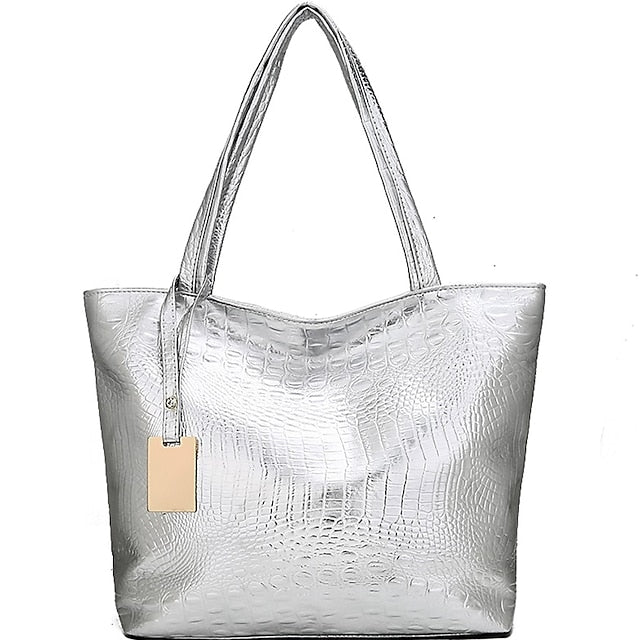 Bag Faux Large Tote Embossed Croc Silver Capacity
