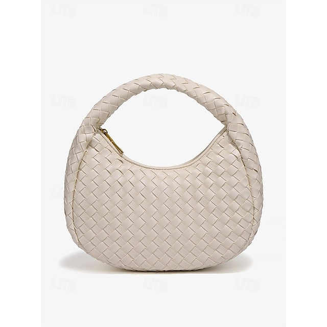 Leather Elegant Woven Chic Bag Hobo Round Ivory