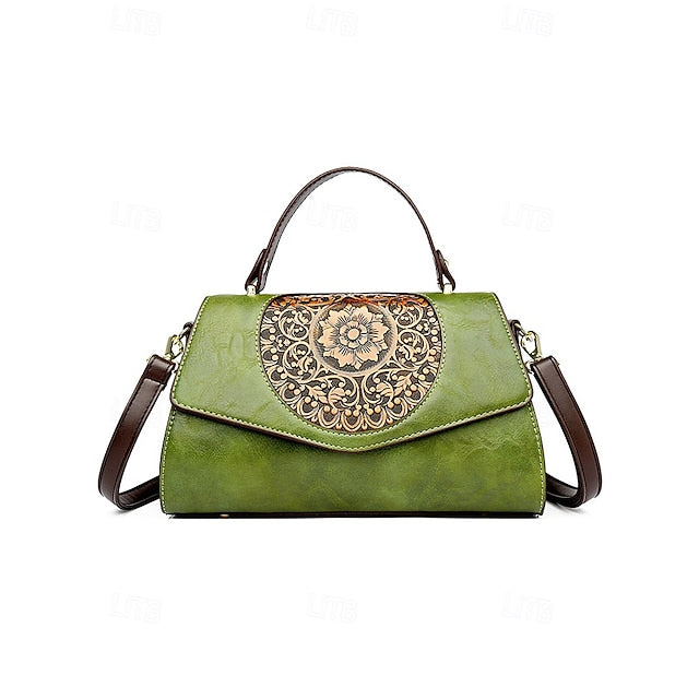 Floral Faux Vintage Engraved Handbag Leather