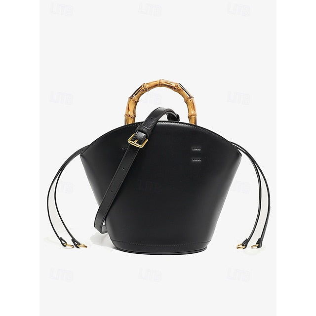 Bucket Bag Bamboo Handle Leather Brown with