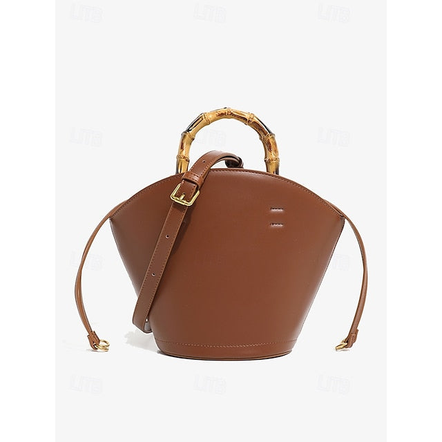 Brown Bamboo Leather Bucket Bag Handle with