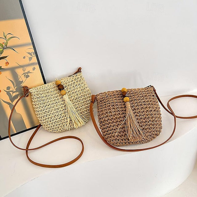 Tassel Bag Woven Boho Handbag Straw Crossbody