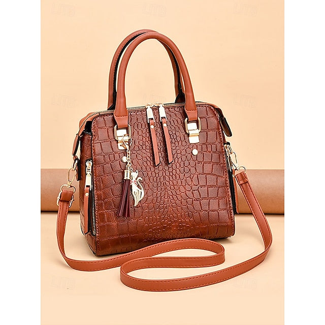 Crocodile Handbag with Leather Faux Tassel Pattern