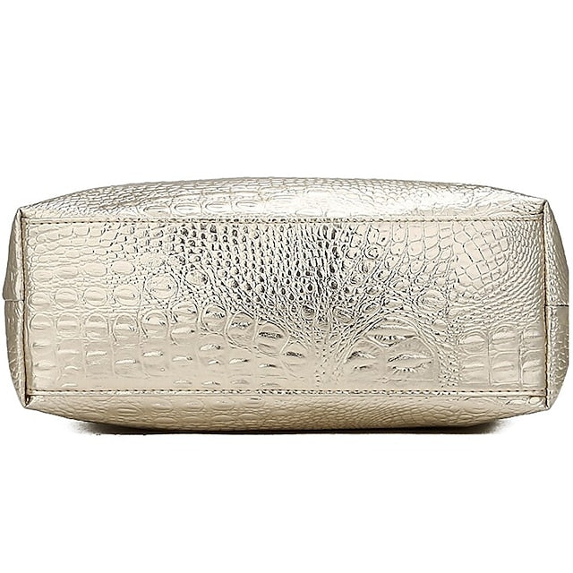 Bag Faux Large Tote Embossed Croc Silver Capacity