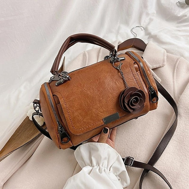 Vintage-Floral Handbag Faux with Leather