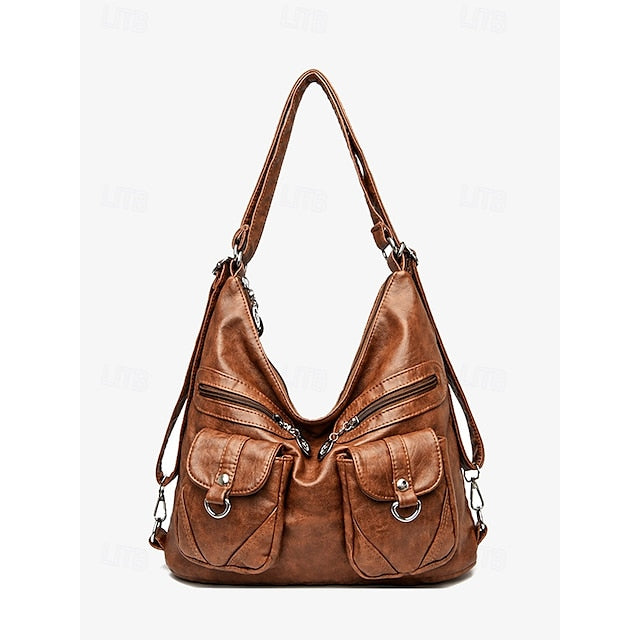 Brown Leather Bag Multiple Faux Pockets with Hobo