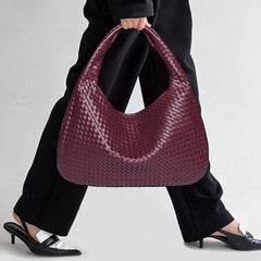 Chic Burgundy Hobo Woven Leather Bag Faux