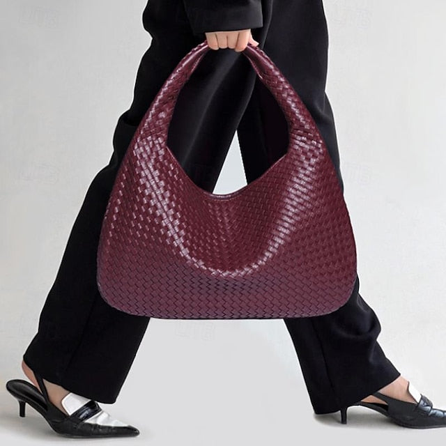 Woven Bag Faux Burgundy Leather Hobo Chic