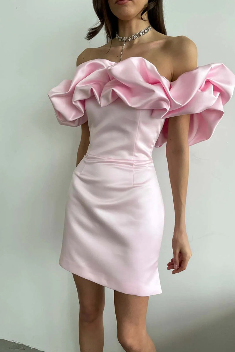 Zari Satin Ruffles Off Shoulder Mini Dress  - Pink