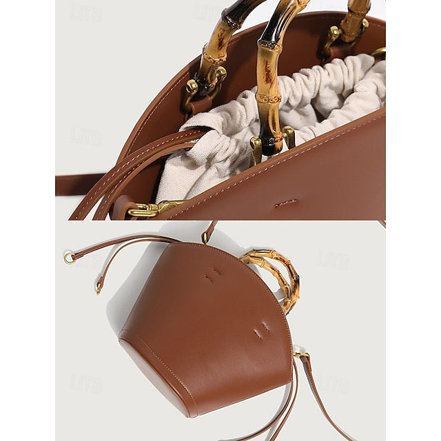Bucket Bag Bamboo Handle Leather Brown with