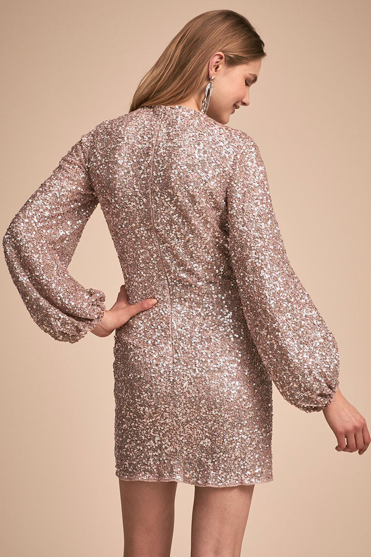 Glitzerndes Langarm-Minikleid mit Rundhalsausschnitt und Pailletten - Weiß