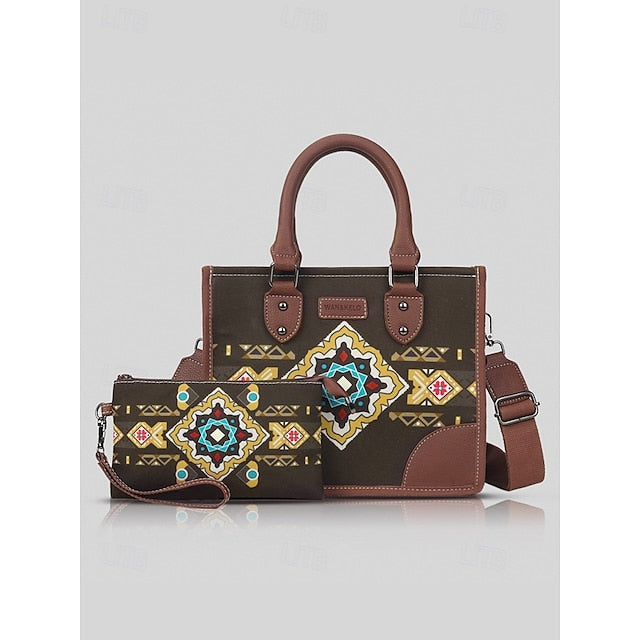 and Set Ethnic Leather Faux Handbag Canvas with
