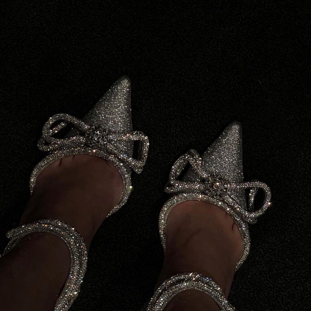 Romantic Silver Glitter Wrap Around Bow Heels