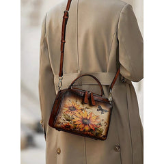 Sunflower Print Vintage with Handbag Leather and Butterfly