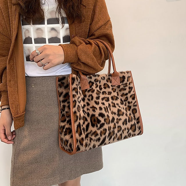 Tote Bag with Leather Faux Leopard Print Brown Fur
