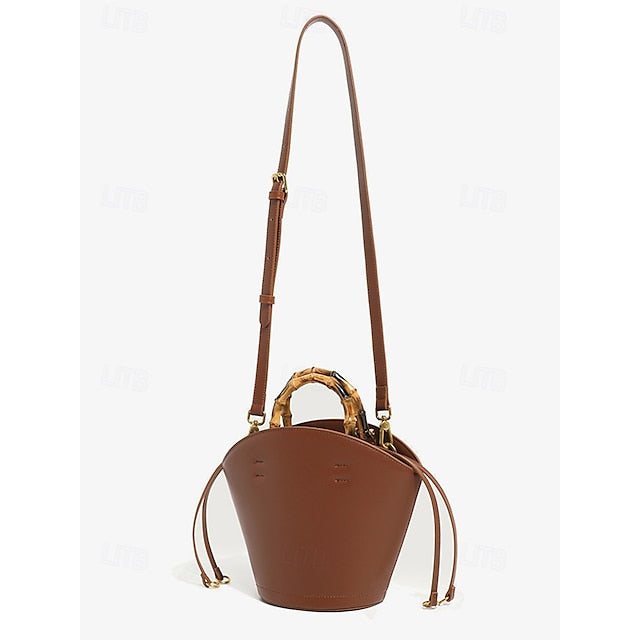 Bamboo with Leather Bag Handle Bucket Brown