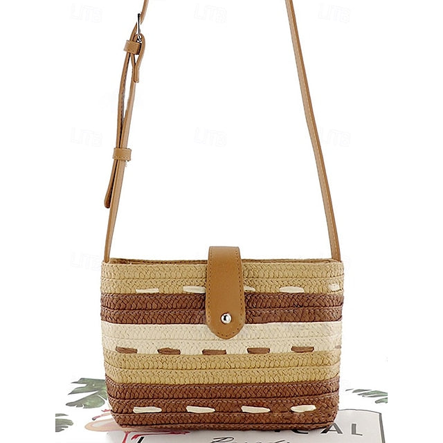 Striped with Bag Colorblock Straw Woven Brown Tote