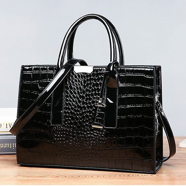 Black Patent Crocodile Leather Pattern Handbag with