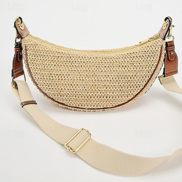 Straw Leather Boho Crossbody Bag with Adjustable