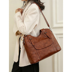 Brown Faux Bag Leather Tote with Vintage Dual