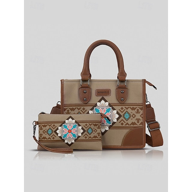 Ethnic Set Faux Handbag and with Leather Canvas