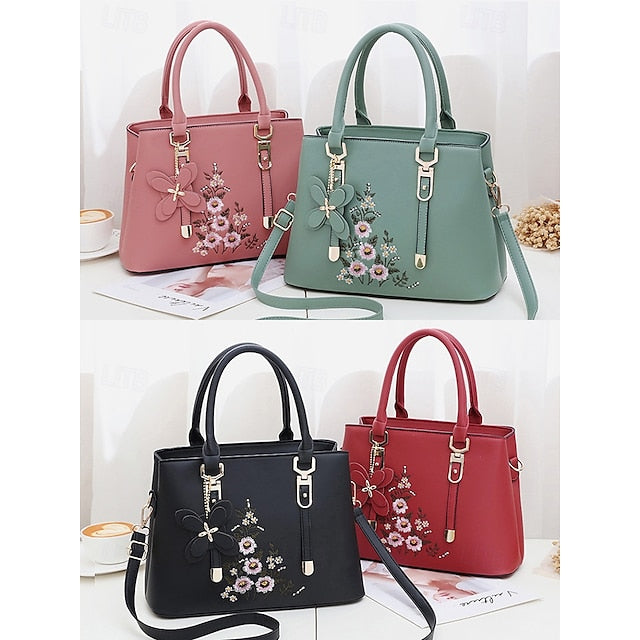 Faux Handbag Embroidery Floral with Leather Green