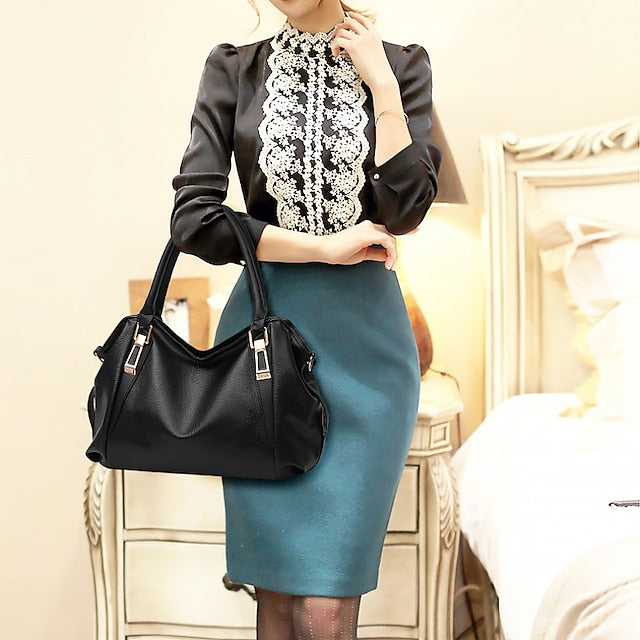 Handles and Top Faux with Handbag Black Leather