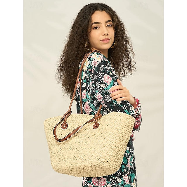 Chic Large Bag Straw Tote with Straps Leather Boho