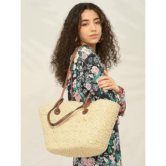 Chic Large Bag Straw Tote with Straps Leather Boho