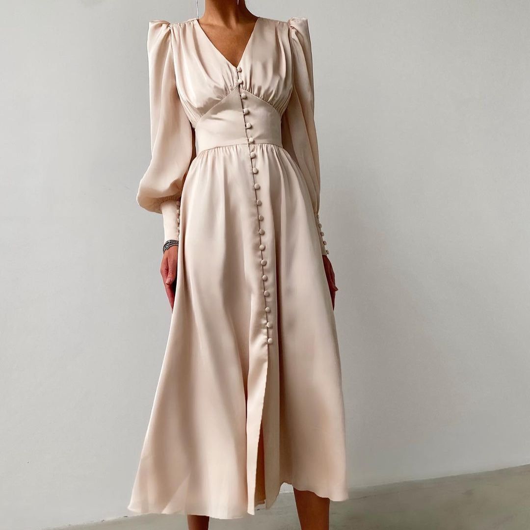 Athenian Lantern Sleeve Satin Midi Dress