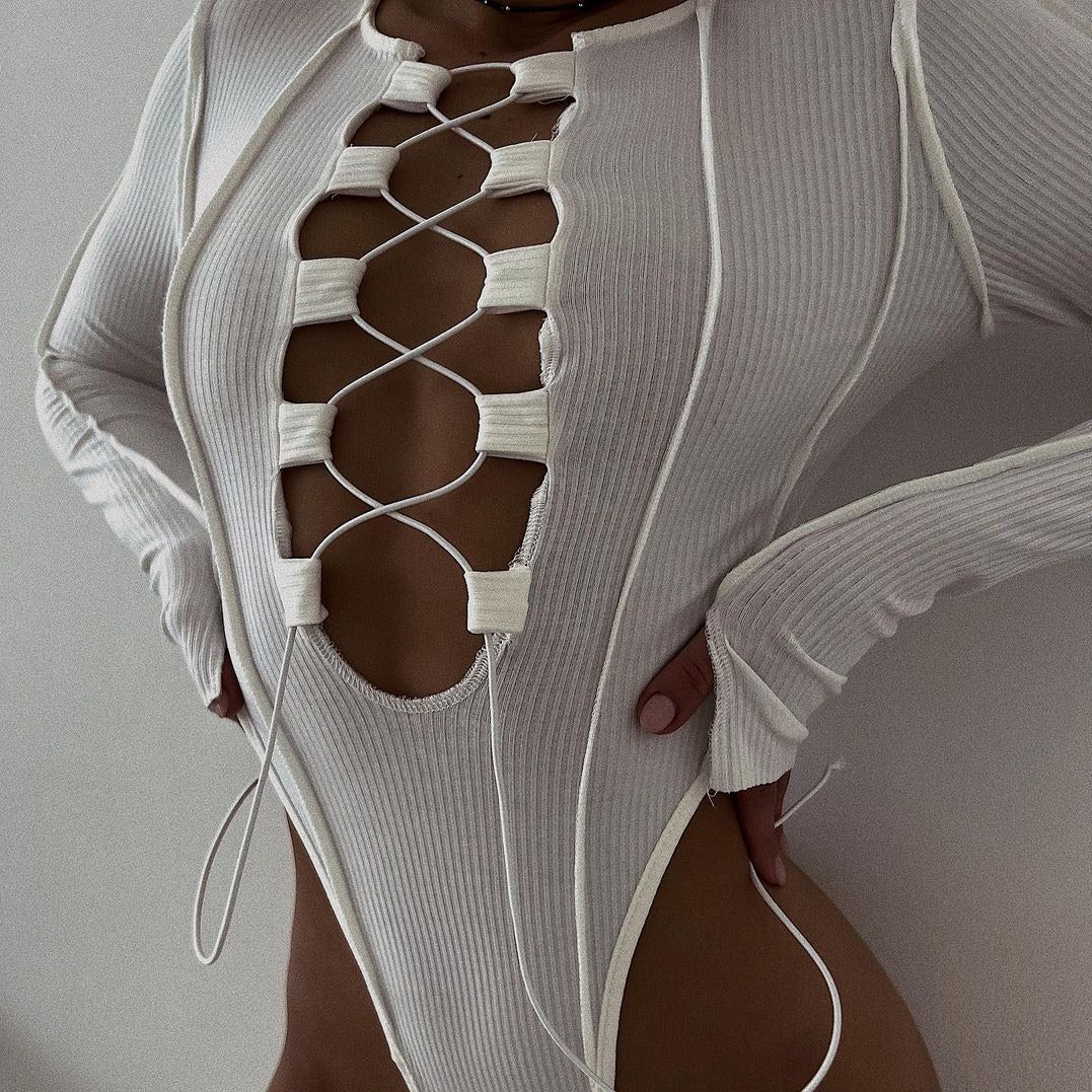 Make Them Stop And Stare Ribbed Lace Up Bodysuit