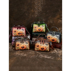 Sunflower Print Vintage with Handbag Leather and Butterfly