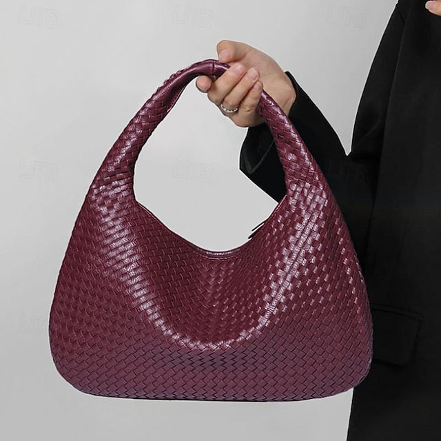 Chic Burgundy Hobo Woven Leather Bag Faux