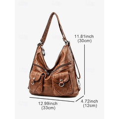 Brown Leather Bag Multiple Faux Pockets with Hobo