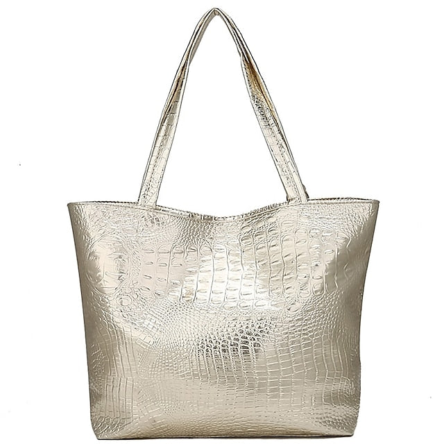 Bag Faux Large Tote Embossed Croc Silver Capacity