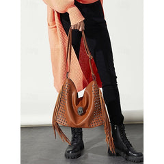 Brown Leather Boho Studded Bag Hobo Skull Fringe