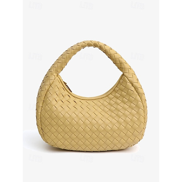 Leather Elegant Woven Chic Bag Hobo Round Ivory