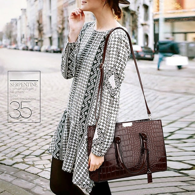 Black Crocodile Leather Pattern Handbag with Patent