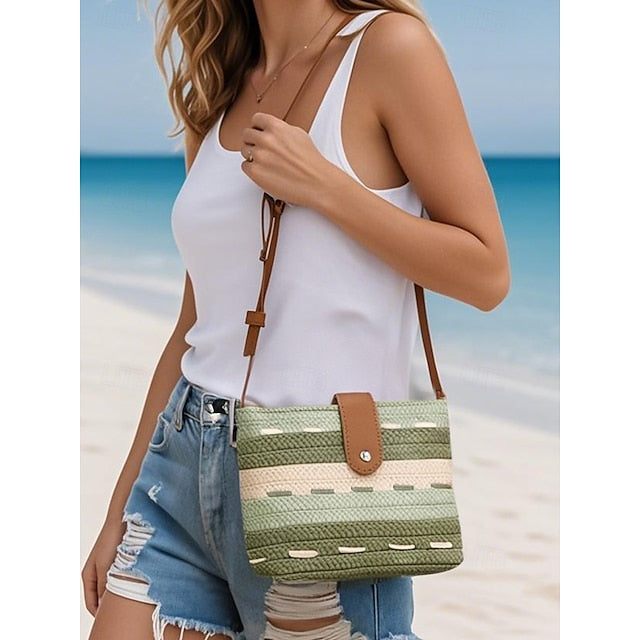 Striped with Bag Colorblock Straw Woven Brown Tote