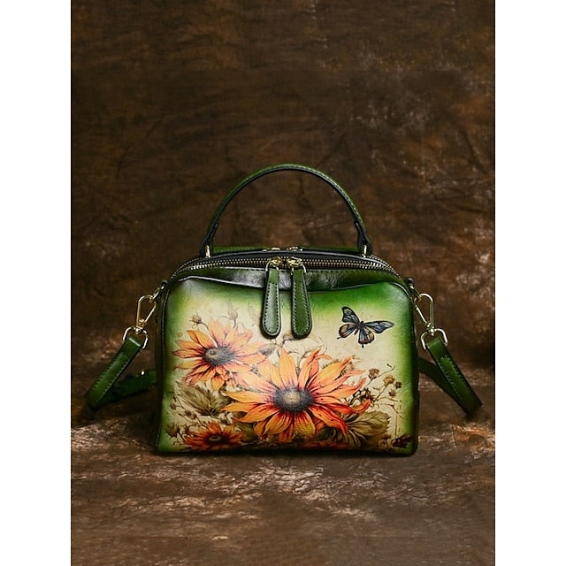 Sunflower Print Vintage with Handbag Leather and Butterfly
