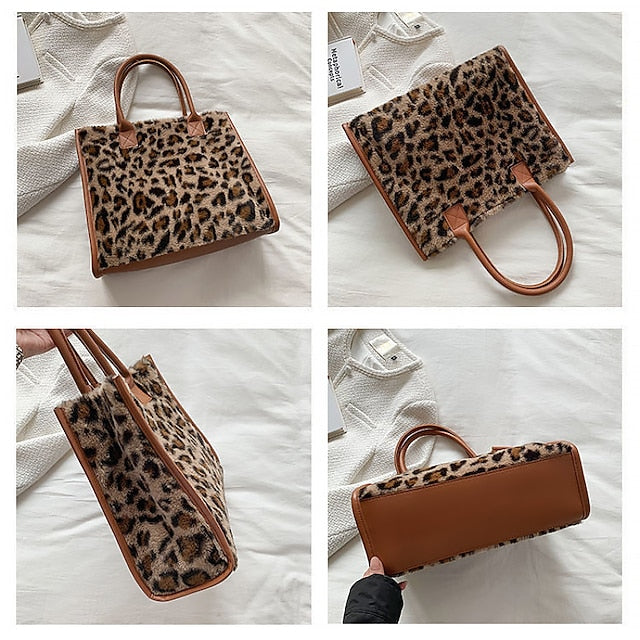 Leopard Bag Fur Brown Leather Faux Print with Tote