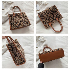 Leopard Bag Fur Brown Leather Faux Print with Tote