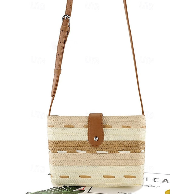 Striped with Bag Colorblock Straw Woven Brown Tote