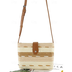Woven with Colorblock Straw Striped Brown Tote Bag