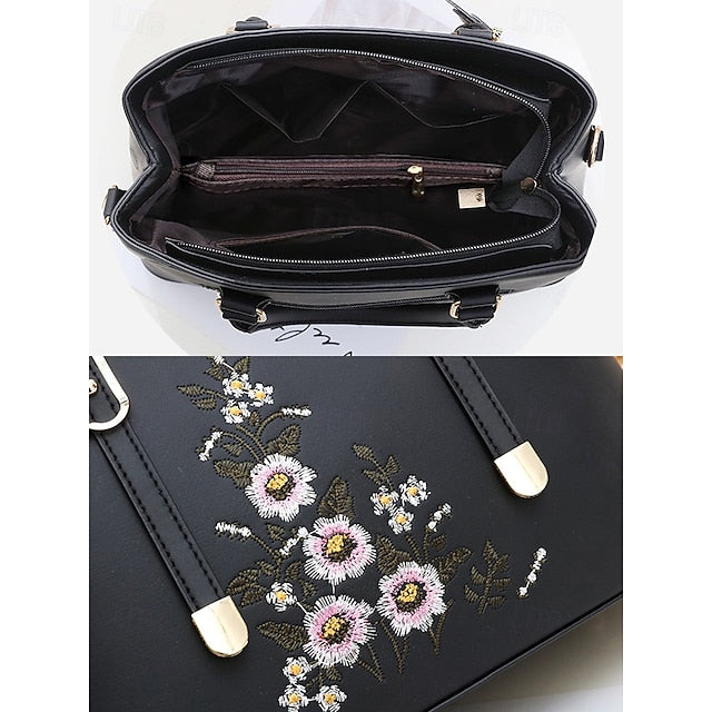 Faux Handbag Embroidery Floral with Leather Green