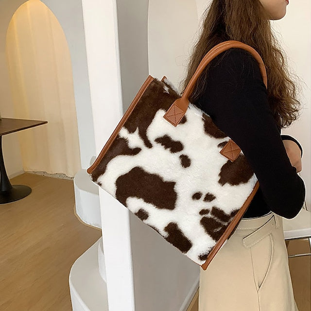 Leopard Bag Fur Brown Leather Faux Print with Tote
