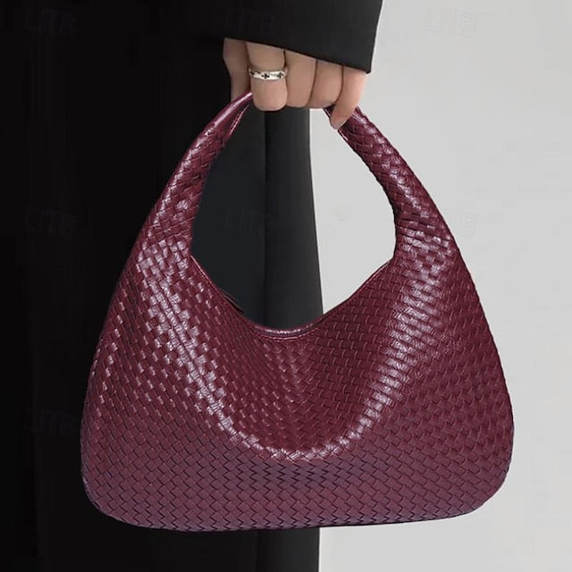 Chic Burgundy Hobo Woven Leather Bag Faux