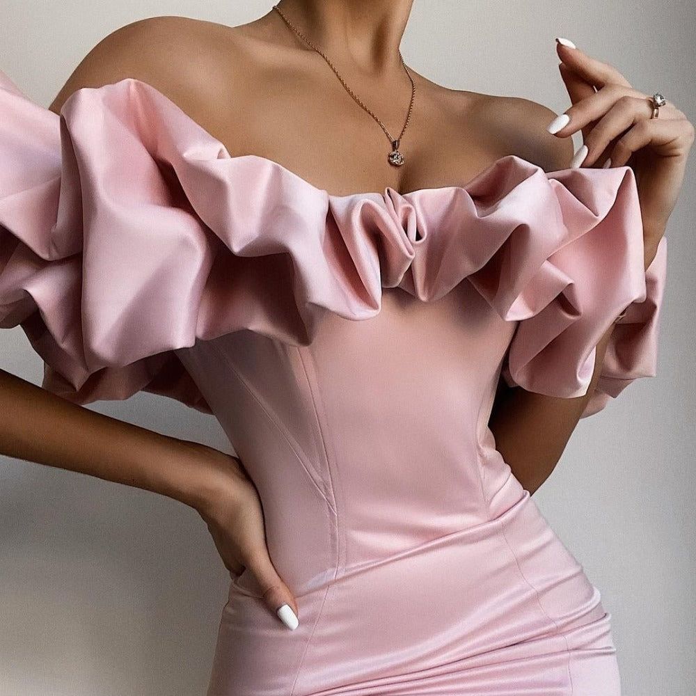 Queen Satin Ruffles Off Shoulder Mini Dress